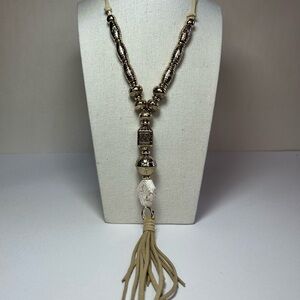 Chico’s long leather tassel beaded necklace